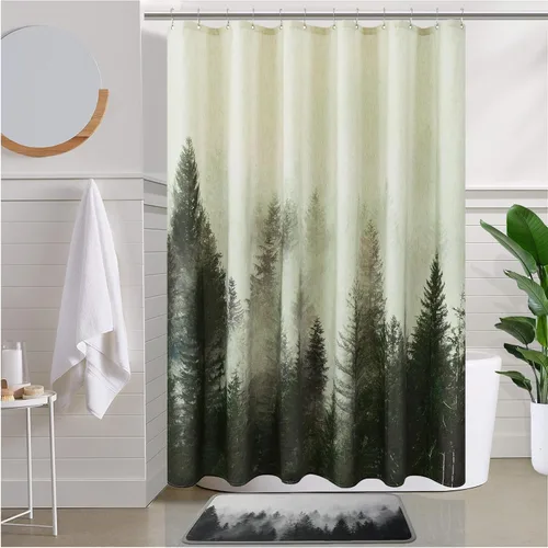 Miniatura 12 de ORTIGIA Cortina de ducha con diseño de bosque de montaña, tela de lino de mezcla pesada, árbol natural negro, cortina de baño de bosque brumoso, 60