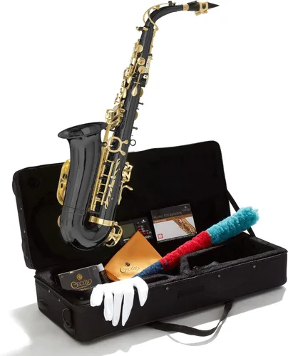 Mendini By Cecilio Saxofón tenor - Saxofón lacado en negro y dorado plano B para músicos principiantes con estuche duro, afinador, boquilla, 10