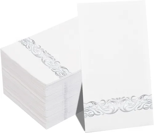 WDF Paquete de 150 servilletas plateadas desechables de papel, servilletas plateadas de 3 capas, servilletas desechables de alta calidad, Blanco y
