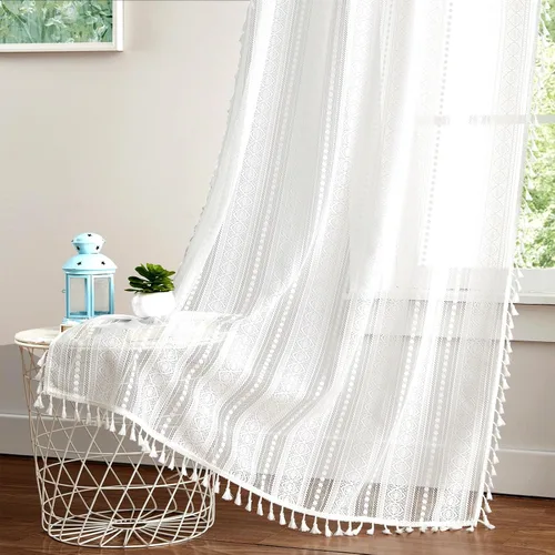 Miniatura 8 de Amzdecor Cortinas bohemias con borlas de encaje beige para dormitorio, sala de estar, lino texturizado elegante, patrón geométrico rústico
