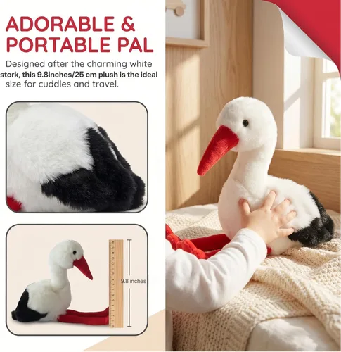 Miniatura 7 de Juguete de peluche de cigüeña blanca de simulación, suave y realista, lindo juguete de peluche de cigüeña blanca de 9.84 pulgadas, pájaros