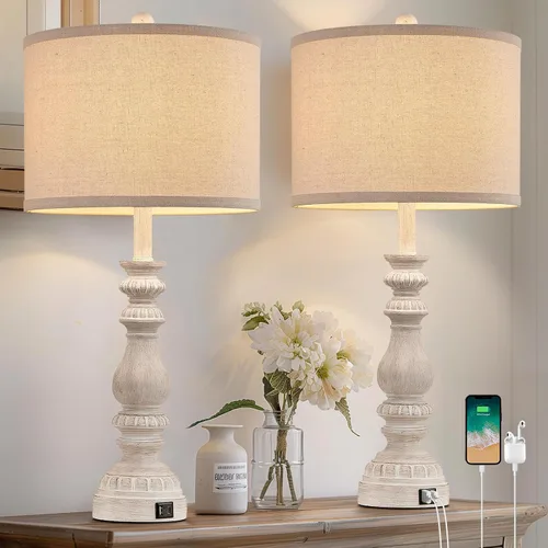 Miniatura 10 de Juego de 2 Lámparas de Mesita de Noche Estilo Granja para Dormitorio con Puertos USB A+C, Lámparas de Mesa Rústicas Vintage de 28" para Sala