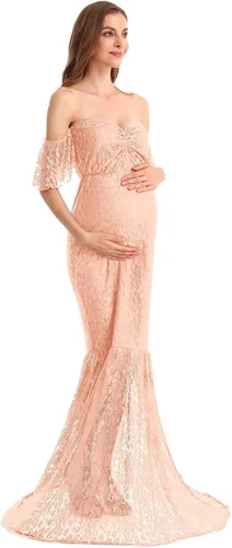 Miniatura 4 de AYMENII Vestido de maternidad de encaje de sirena con hombros descubiertos con volantes de manga de fotoshoot de boda de noche vestido de ducha
