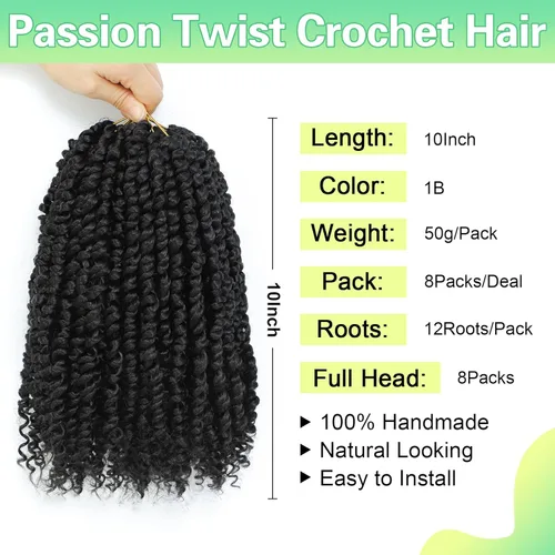 Miniatura 2 de Pelo de ganchillo Passion Twist de 10 pulgadas, 8 paquetes, cabello Passion Twist pre-trenzado, cabello de ganchillo Passion Twist para mujeres 1b