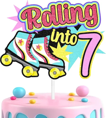 Miniatura 8 de Decoraciones retro para tartas de patinaje sobre ruedas para cumpleaños de 7 años, decoraciones enrollables, fiesta de cumpleaños de niños y niñas