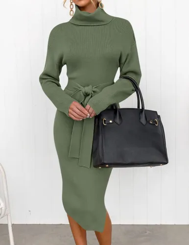 Miniatura 33 de ZESICA - Vestido por debajo de la rodilla de suéter, de cuello alto, para mujer, de manga larga, de punto acanalado, con abertura y cinturón