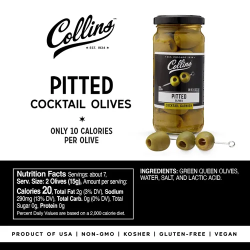 Miniatura 4 de Collins Aceitunas sin hueso: guarnición popular para cócteles, martinis sucios, ensaladas, bandejas de queso, embutidos, aperitivos, 4 onzas