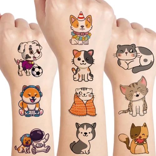UVUXO Tatuaje temporal de gato y perro para niños, 102 estilos de animales de dibujos animados temporales para niñas, niños, cuerpo, brazo, hombro,