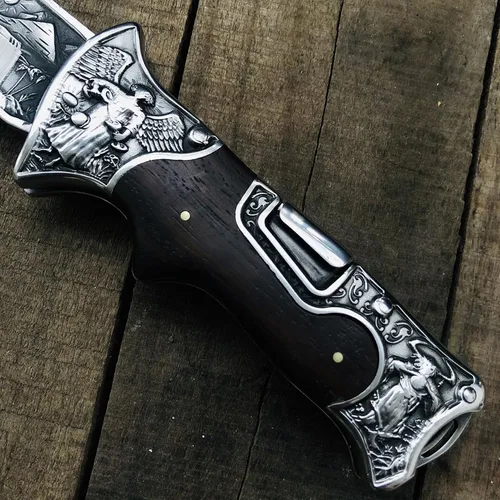 Miniatura 7 de MADSABRE Cuchillo de cabaña semi plegable grande de 12.7 pulgadas con hoja de 7.9 pulgadas de largo, mango de madera con patrón de relieve 3D