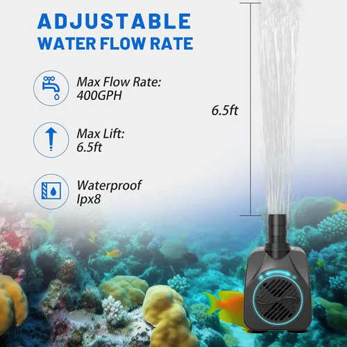 Miniatura 6 de Knifel Bomba sumergible de 400GPH con apagado automático, elevación de 6.5 pies de alto para fuentes, hidroponía, estanques, acuarios y más