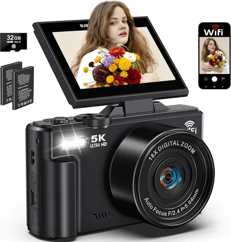 Cámara digital 5K para fotografía, cámara WiFi de 75 MP para YouTube con pantalla abatible de 180° de 3 pulgadas, cámara de video de enfoque Negro