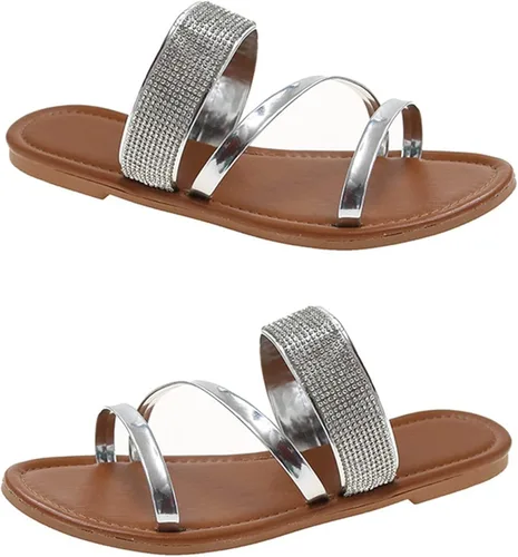 shlutesoy Women's Rhinestones Flat Sandals, Open Toe Non SlipRubberFaux Crystal Beach Slippers,Sparkling Bridal Bridesmaid Sandals Dress Wedding
