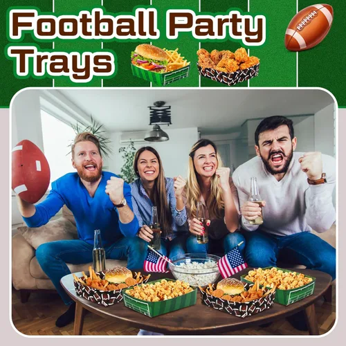 Miniatura 5 de Teling Paquete de 36 suministros para fiestas de fútbol grandes de 5 libras, bandejas de platos de fútbol de papel, botes de comida, botes