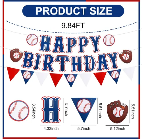 Miniatura 2 de Cartel de béisbol azul preencordado, 3 piezas, sin bricolaje, feliz cumpleaños, banderín triangular, decoración temática deportiva para baby shower
