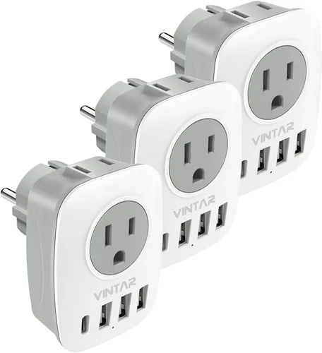 Miniatura 14 de Paquete de 2 adaptadores de enchufe de viaje europeo, VINTAR Adaptador de enchufe de alimentación internacional con 1 USB C, 2 salidas americanas