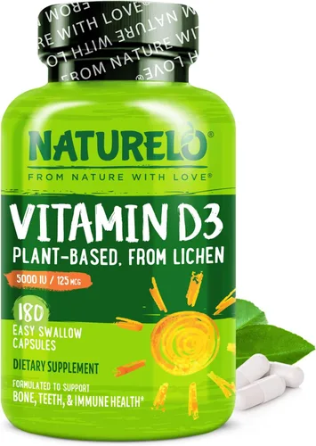 NATURELO Vitamina D - 5000 UI - Basada en plantas de liquen - Suplemento natural de D3 para el sistema inmunológico, apoyo óseo, salud de las
