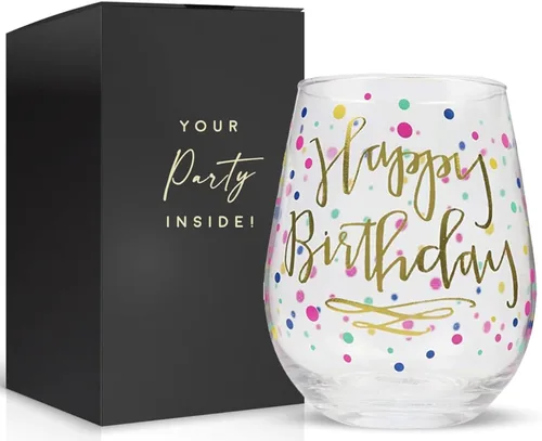 Copa de vino de feliz cumpleaños para mujer, 22 onzas, sin tallo con estampado de confeti dorado, regalo para adultos, tazas de feliz cumpleaños