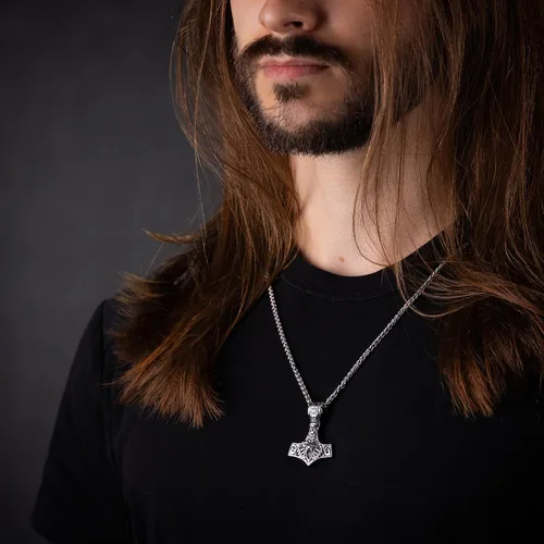 Miniatura 17 de Viking Thors Hammer Necklace Pendant - Vegvisir Aegishjalmur Helm of Awe Raven Huginn Muninn Pendant Necklace Amulet Talisman - Thor Necklace