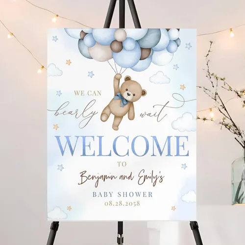 Letrero de bienvenida personalizado de oso azul para niño "We Can Bearly Wait Baby Shower", decoración, letrero de bienvenida para bebé niño, Color