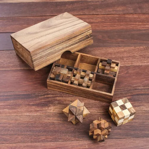 Miniatura 2 de NOVICA Juego de rompecabezas de madera Raintree hecho a mano marrón, 'Puzzles' (juego de seis)