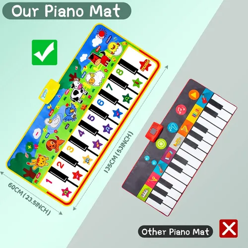 Miniatura 4 de M SANMERSEN Tapete de piano, 53'' x 23'' juguetes musicales para niños pequeños, tapete de juego táctil de piano de piso con 8 sonidos de animales