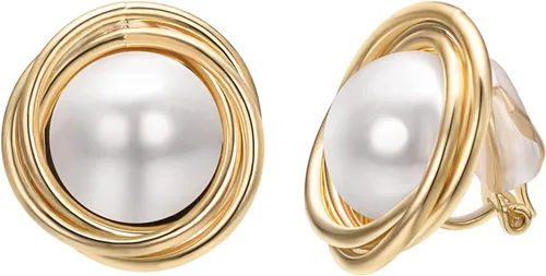 Miniatura 14 de Yoursfs Aretes de clip de perlas blancas grandes para mujer, chapados en oro de 18 quilates, hipoalergénicos, sin perforaciones, joyería brillante