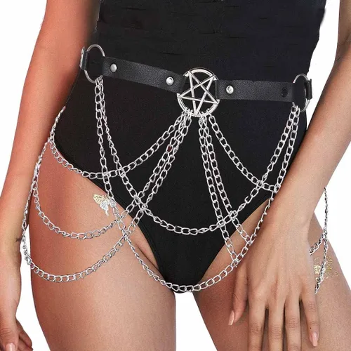 Miniatura 3 de Asooll Cinturón de cuero punk, cadena de cintura negra, cadena de cuero de moda, joyería de cintura de cuero, bikini, playa, club, fiesta
