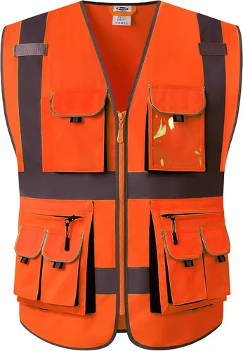 Miniatura 9 de JKSafety Chaleco de seguridad con 10 bolsillos, clase 2, de alta visibilidad, con cremallera frontal amarilla, con tiras reflectantes, cumple