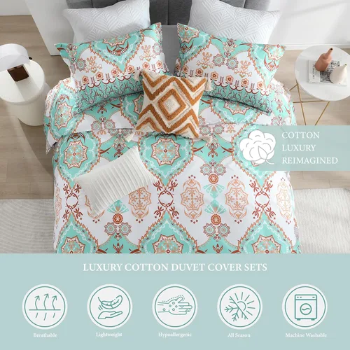 Miniatura 4 de Uniclinens Funda de edredón bohemia tamaño King, funda de edredón con patrón de joya verde y naranja, juego de 100 % algodón tamaño King, 3 piezas