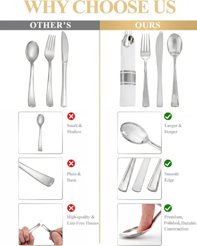 Miniatura 7 de Supernal Paquete de 60 cubiertos de plástico plateado, cubiertos preenrollados, cubiertos plateados desechables de primera calidad, para bodas
