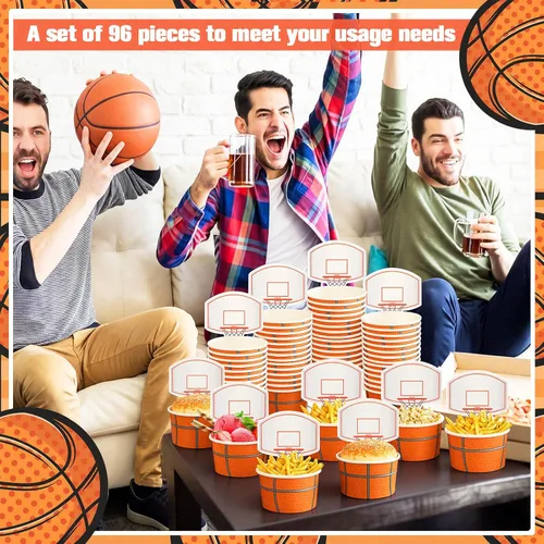 Miniatura 5 de Sunnyray 24 juegos de tazas de baloncesto con tarjetas, 8 onzas, desechables, de papel, para fiestas, pelotas deportivas, cuencos de comida