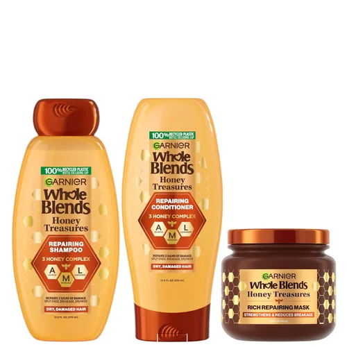 Garnier Whole Blends Honey Treasures - Champú reparador, acondicionador + máscara capilar para cabello seco y dañado (3 artículos), 1 kit (el