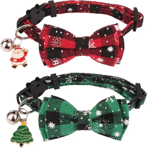 Miniatura 16 de PTDECOR Paquete de 2 Collares de Navidad para Gatos, Collar a Cuadros con Cascabel de Moño Extraíble, Collares de Navidad con Moño a Cuadros de Arco