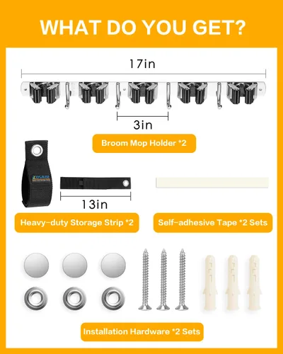 Miniatura 2 de Paquete de 2 soportes de pared para escobas con correa de almacenamiento resistente de 13 pulgadas, 5 ranuras y 4 ganchos, soporte para escoba