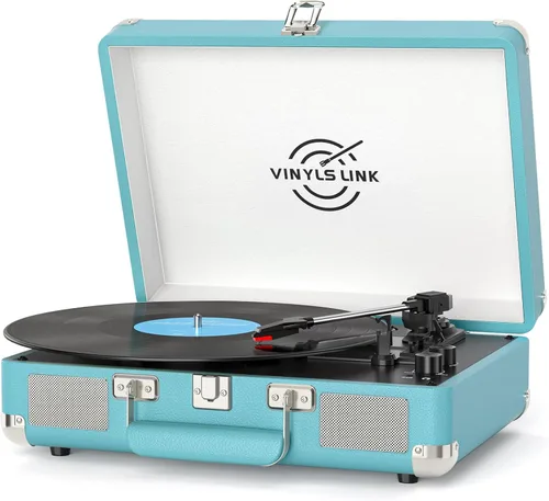 Miniatura 13 de VINYLSLINK Reproductor de discos de vinilo con Bluetooth, tocadiscos portátil de 3 velocidades con control de agudos y graves, altavoces estéreo Azul