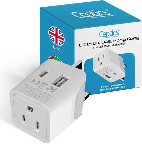 Ceptics Adaptadores británicos para viajes a Londres, Hong Kong, Irlanda - USB-A + USB-C y entrada de Estados Unidos - Adaptador tipo G conectado a
