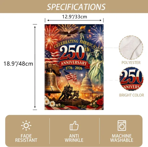 Miniatura 2 de Bandera de jardín de Estados Unidos del 250 aniversario 1776-2026, decoración de 250 años de cumpleaños, decoración y suministros para fiestas