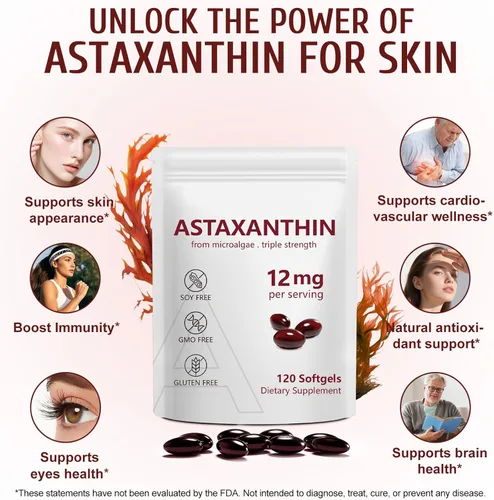 Miniatura 7 de Paquete de 2 suplementos antioxidantes de astaxantina de 12 mg, premium con actividad antioxidante, apoya los ojos, el sistema inmunológico