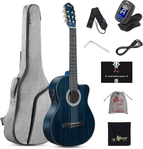 WINZZ AC309CE - Guitarra electroacústica clásica de 39 pulgadas con cuerdas de nailon, juego de pastillas incorporadas, lecciones en línea, azul