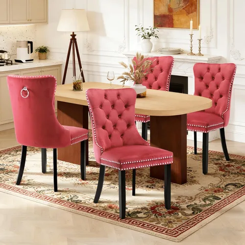 Miniatura 44 de Juego de 4 sillas de comedor de terciopelo, sillas de comedor tapizadas con ribete de cabeza de clavo y patas de madera maciza para cocina