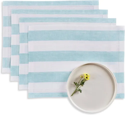 Solino Home Juego de 4 manteles individuales de lino 100% lino puro, 14 x 19 pulgadas, color aguamarina y blanco, para verano