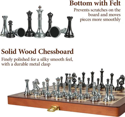 Miniatura 2 de ELONGDI Juego de ajedrez de metal para adultos y niños, tablero de ajedrez plegable de madera de 12 pulgadas y piezas de metal, juego de ajedrez