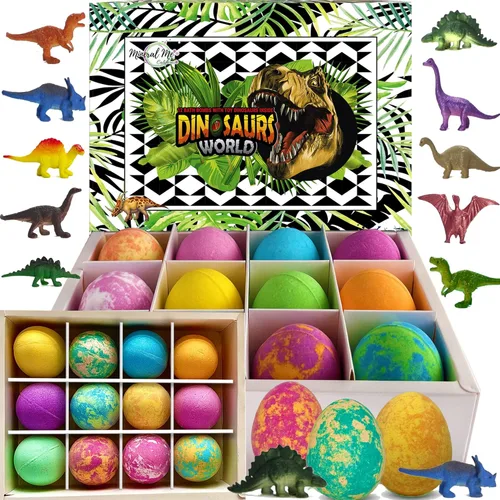 Bombas de baño para niños con sorpresa en el interior, 12 bombas de baño de dinosaurios con juguetes, rociadores de baño de burbujas orgánicas Huevo