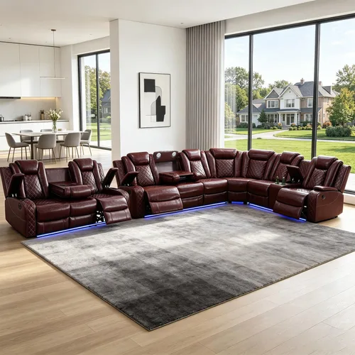 Miniatura 13 de Juego de sofá modular reclinable eléctrico con luz LED, juego de sofá modular reclinable de cuero, incluye sillón reclinable individual, juego