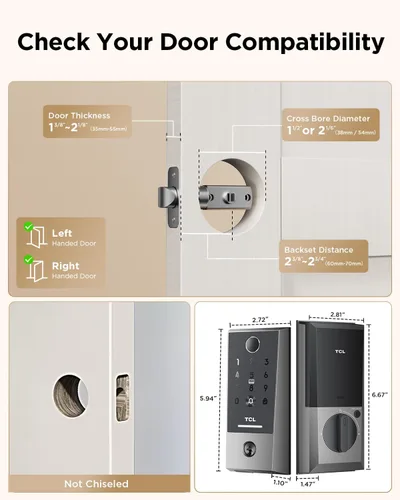 Miniatura 9 de TCL Smart Lock D2 Plus, cerradura de puerta con huella dactilar sin llave, cerradura de cerrojo de teclado con pantalla táctil, timbre integrado