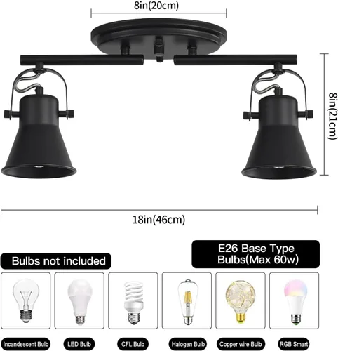 Miniatura 5 de Iluminación de pista de 2 luces para techo, lámpara de techo direccional industrial de luz puntual, lámpara de techo de montaje empotrado en negro