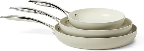 Amazon Basics Utensilios de cocina antiadherentes de cerámica, juego de 3 piezas, compatible con todas las placas de inducción, apto para Gris lino