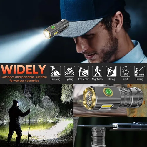 Miniatura 4 de Linterna LED mini recargable, 9000 lúmenes, linterna pequeña ultra brillante, con clip y imán, impermeable IPX6, 6 modos, adecuada para camping