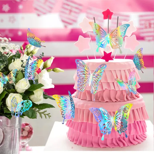 Miniatura 3 de 60 calcomanías de pared de mariposa plateada iridiscente 3D, calcomanías holográficas con 5 estilos murales de papel decorativo para guardería, aula