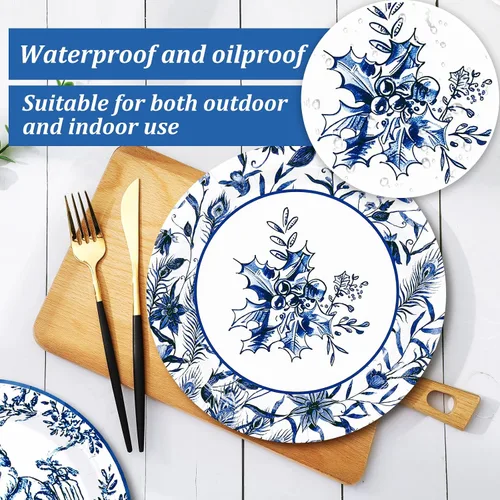 Miniatura 3 de Whaline 40 platos de papel de Navidad, 4 diseños, chinoiserie de porcelana azul y blanca, árbol de Navidad, platos desechables de Papá Noel, vajilla